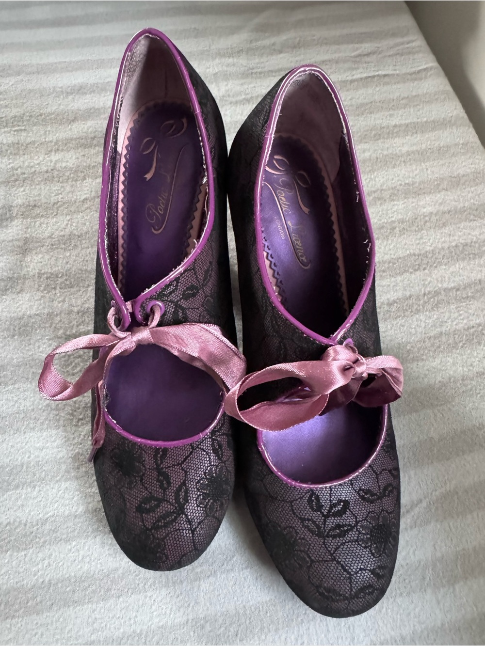 Poetic License Purple and Black Lace Mary Jane Heels with Satin Bow